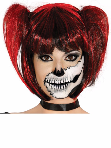 Peluca con coletas negra mechas rojas