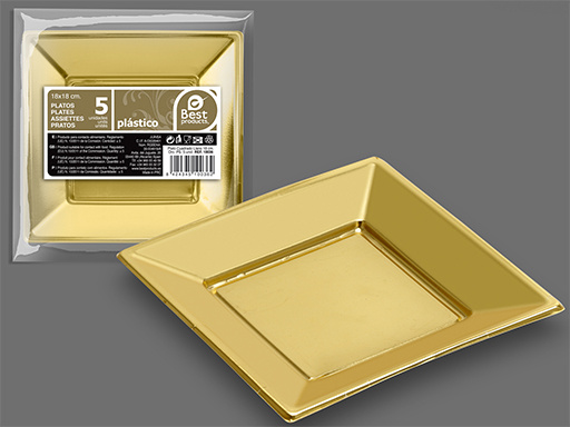 Plato Cuadrado Llano Oro 18x18cm 5uds