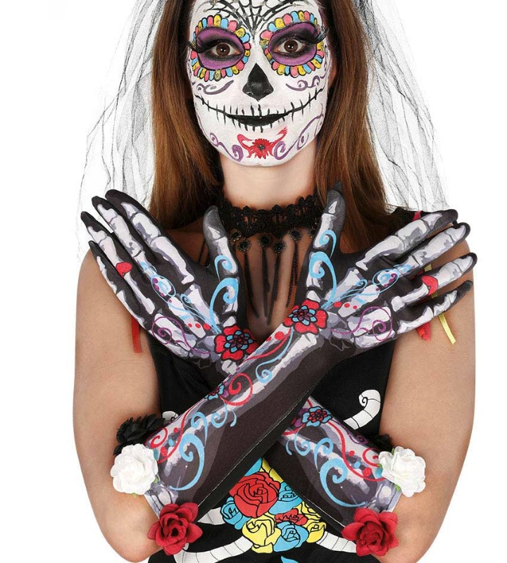 Guantes esqueleto largo flores