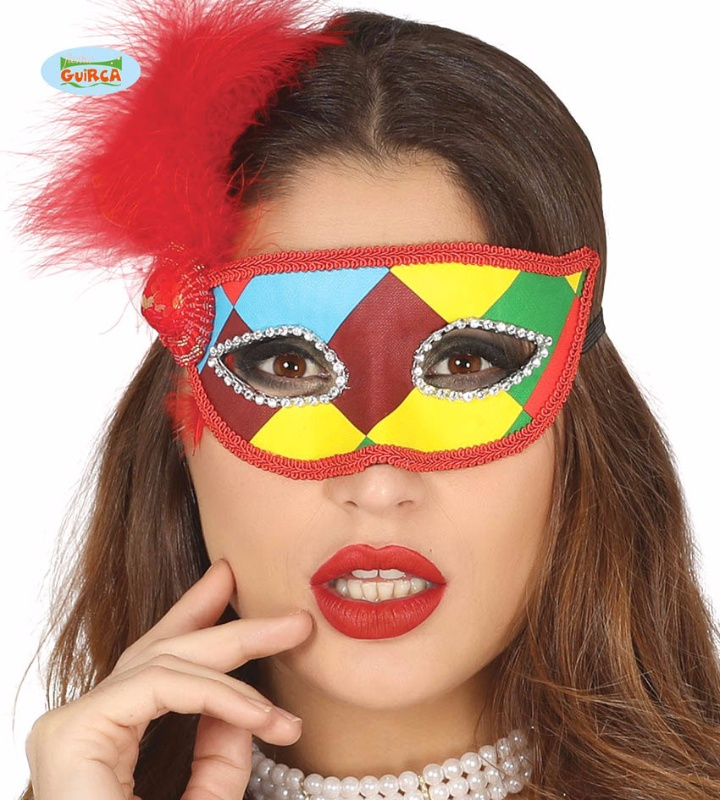 Antifaz Arlequin multicolor con pluma