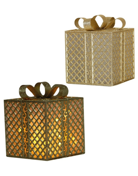 Caja regalo dorada con luz deco 20x25cms