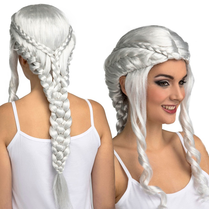 Peluca gris larga con trenzas