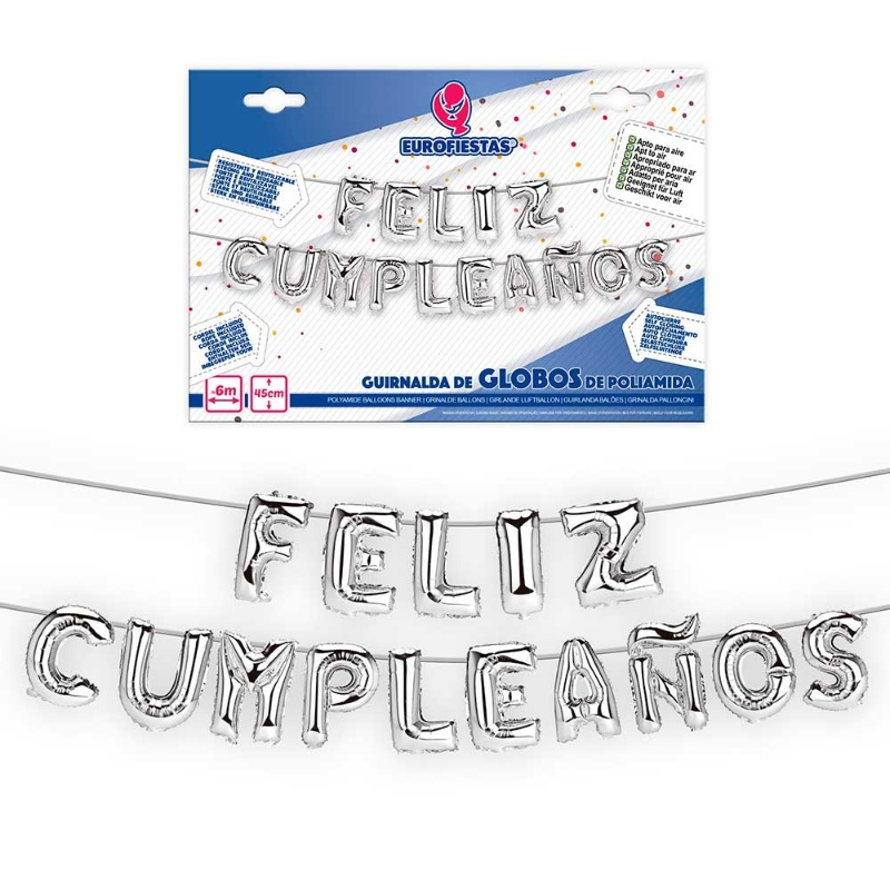 Set Globos Poliamida Feliz Cumple Plata