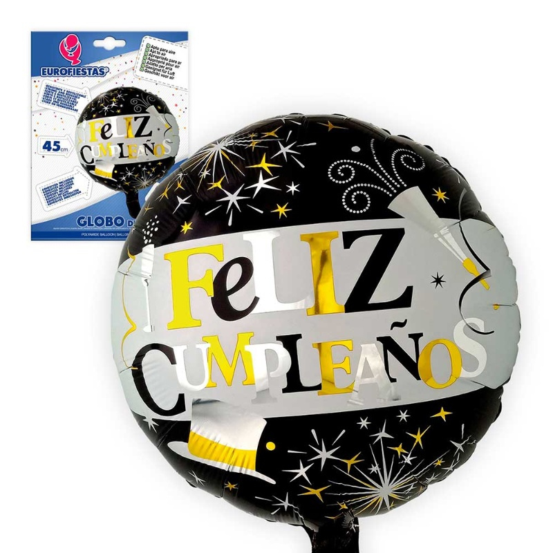 Globo Poliam. Feliz Cumple Negro-Oro