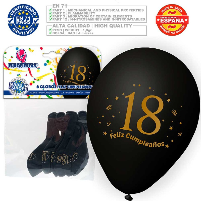 Globos Feliz 18 Cumple negro 6 uds