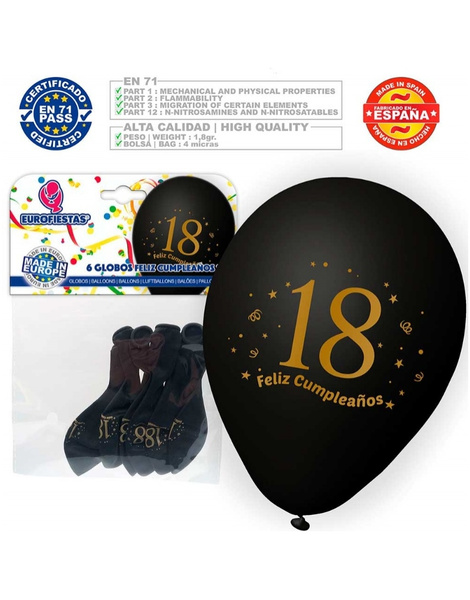 Globos Feliz 18 Cumple negro 6 uds