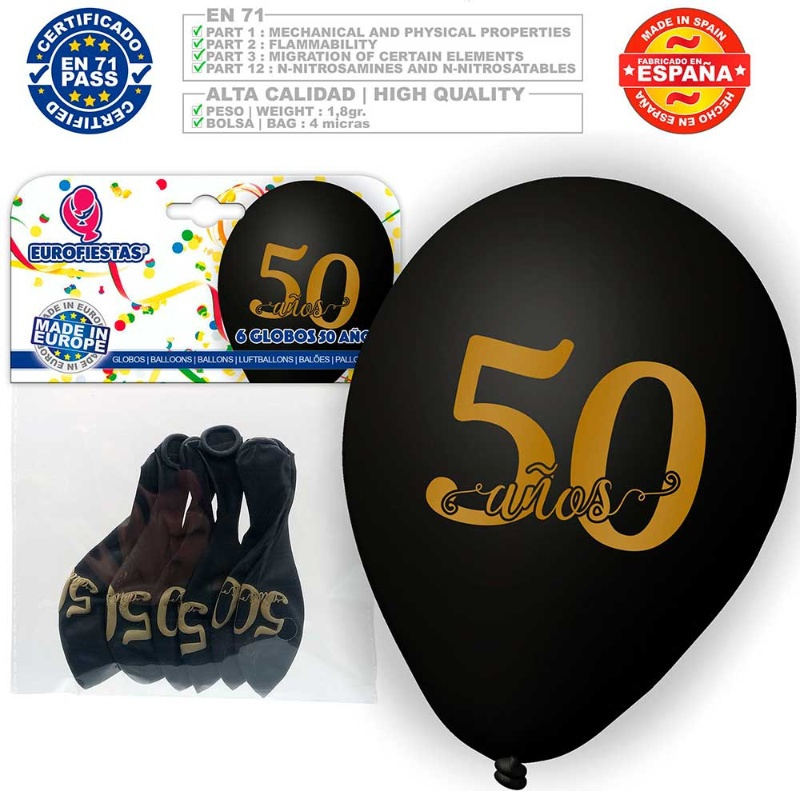 Globos 50 años  negro 6 uds