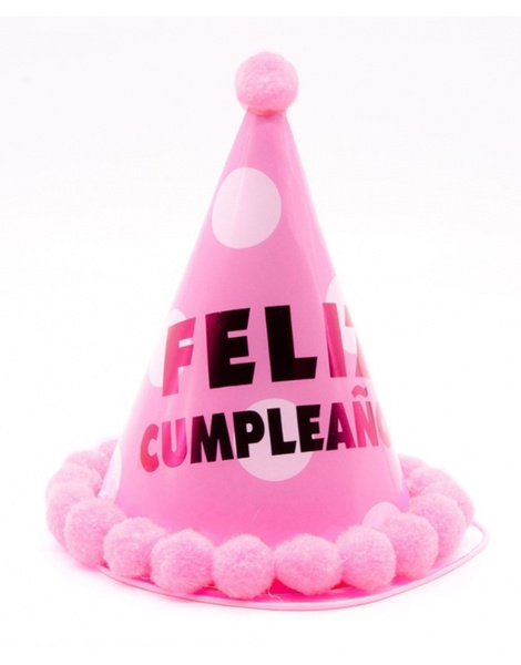 Gorro Pompon 12.5 cm Feliz Cumple rosa