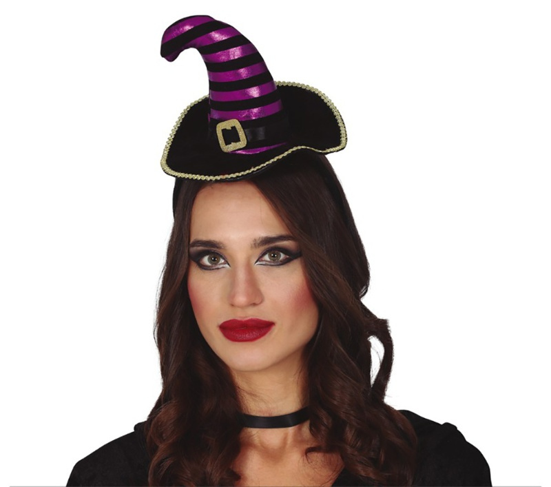Diadema mini sombrero bruja negro-lila