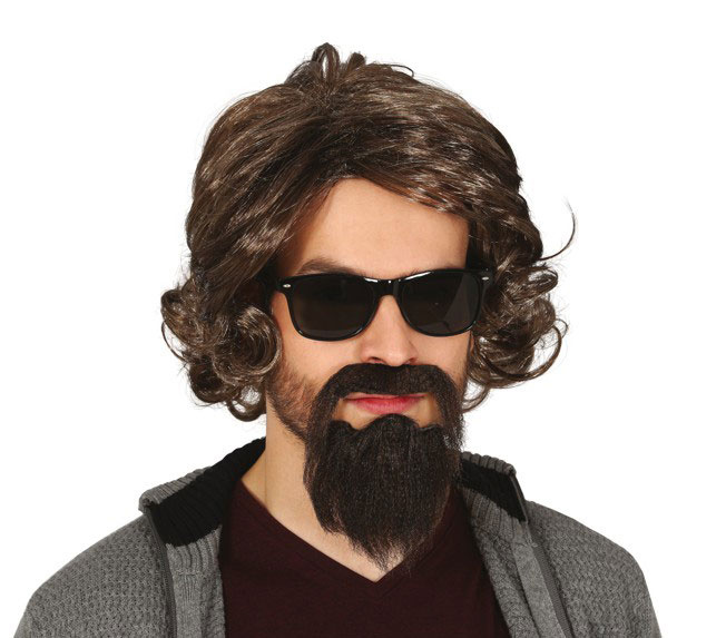 Peluca Media Melena Castaña con Barba