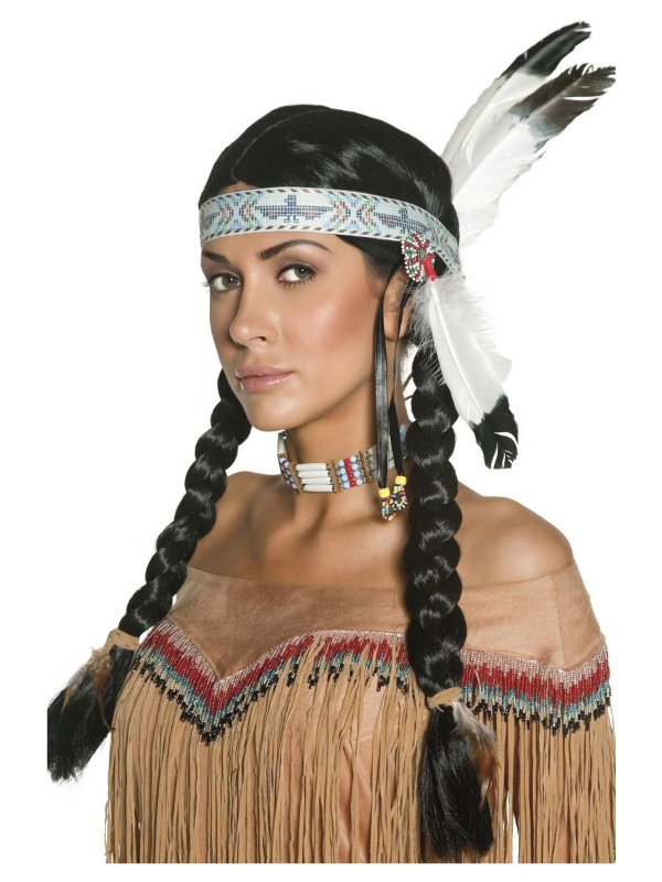 Peluca india trenzas con cinta y plumas