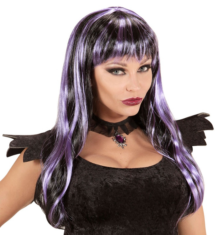 Peluca halloween negra mechas violeta