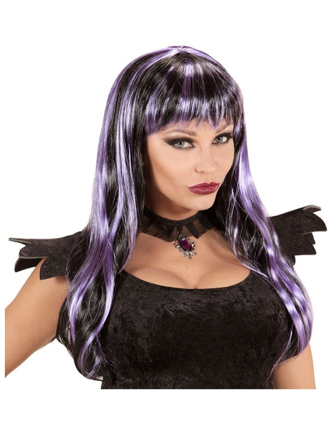 Peluca halloween negra mechas violeta