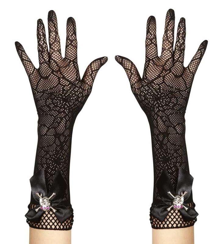 Guantes telaraña con calavera 33 cms.