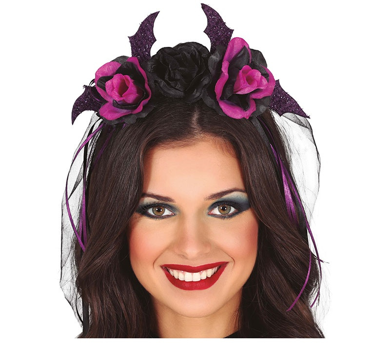 Diadema  Flores Negras y Lilas con Velo