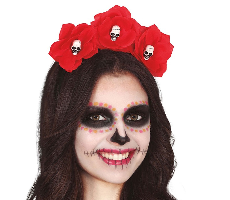 Diadema Flores Rojas Con Calaveras