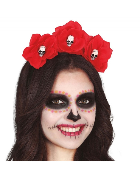 Diadema Flores Rojas Con Calaveras