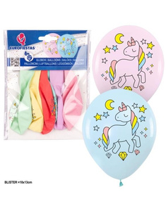 6 Globos impresos col.pastel unicornio