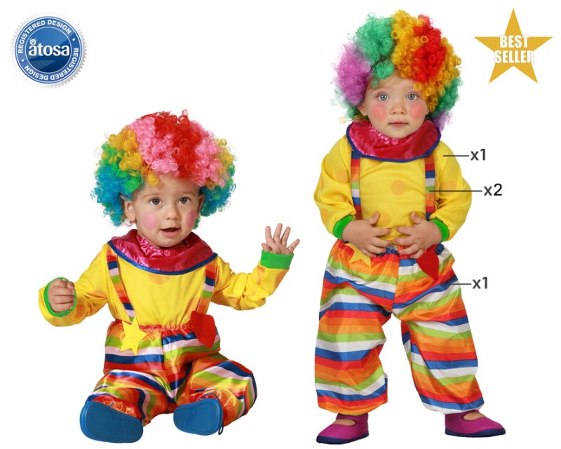 Costume Da Clown Per Bambino 3-4 Anni – Atosa Multicolore Con Pantaloni, Bretelle E Cravatta, Ideale Per Carnevale E Feste