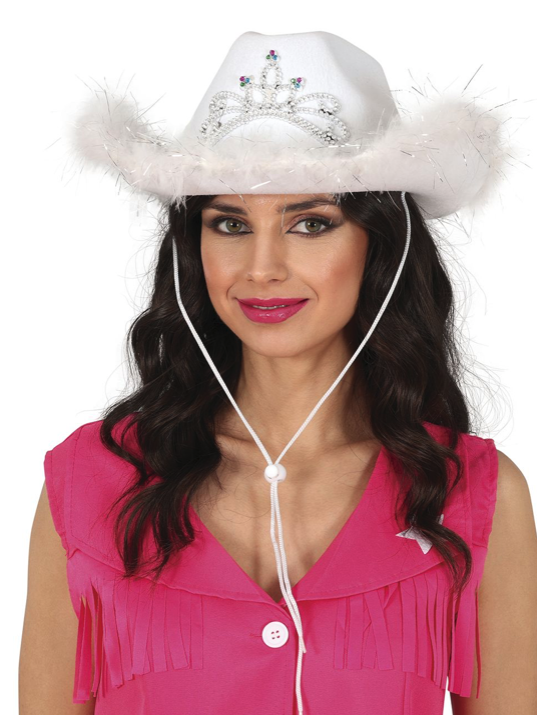 Sombrero Cowboy blanco con boa y corona