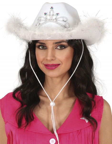 Sombrero Cowboy blanco con boa y corona