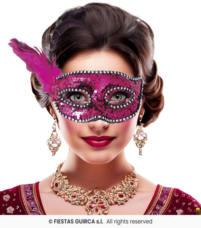 Antifaz lentejuelas plumas rosa