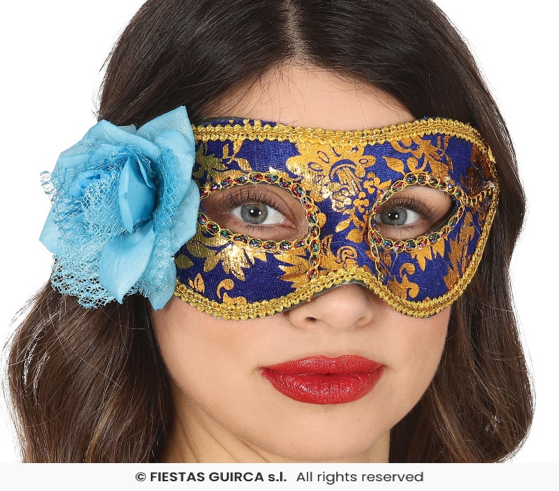 Antifaz Azul y Dorado Con Flor