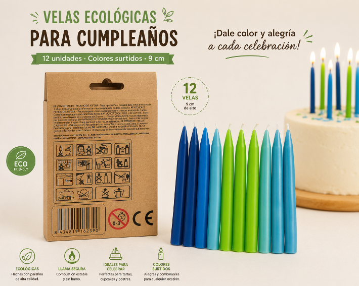 12 velas  colores ecológicas