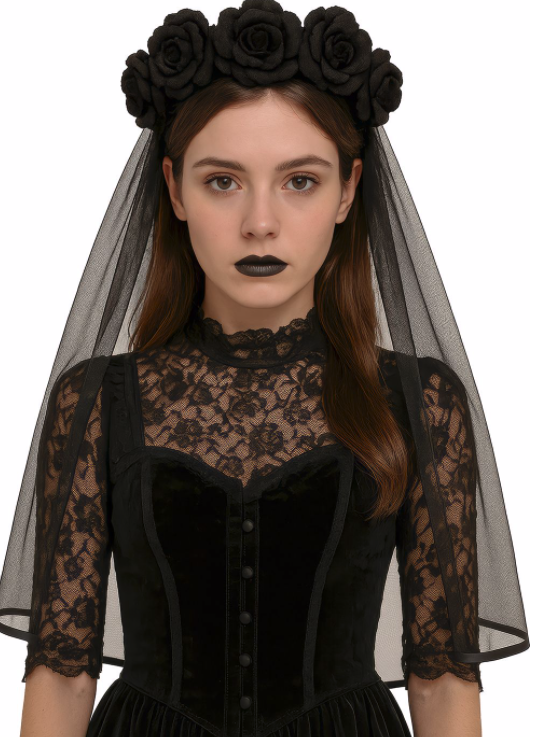Diadema Velo Negro con Flores Negras