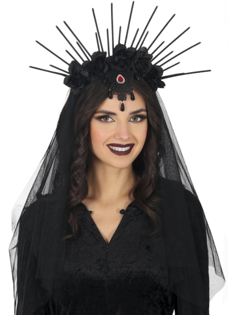 Diadema con Velo y Flores Negras
