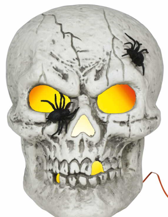 Calavera con arañas con luz, pvc, 35 cms