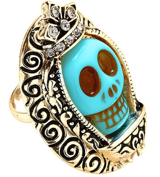 Anillo Dorado Con Calavera Azul Y Strass