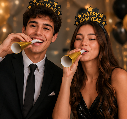 6 Trompetas Happy New Year oro Holograma