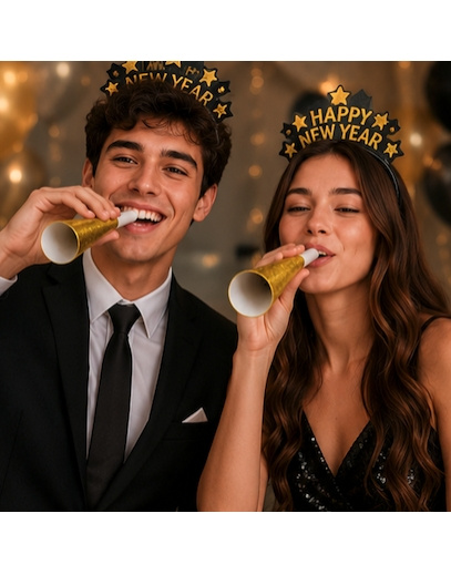 6 Trompetas Happy New Year oro Holograma
