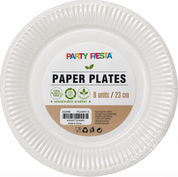 8 Platos cartón Blanco 23 Cms