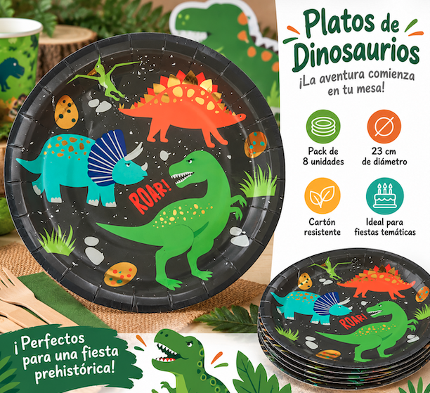 8 Platos Papel Dino 23 Cms.