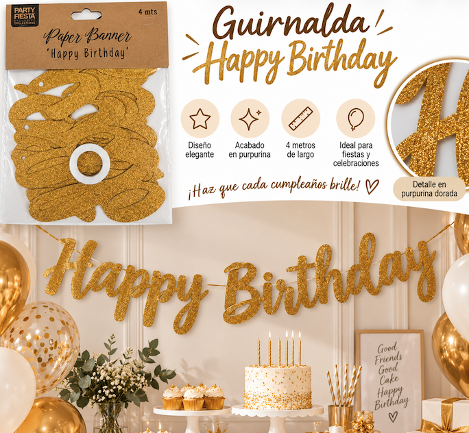 Banner Happy Birthday Oro 4 Metros