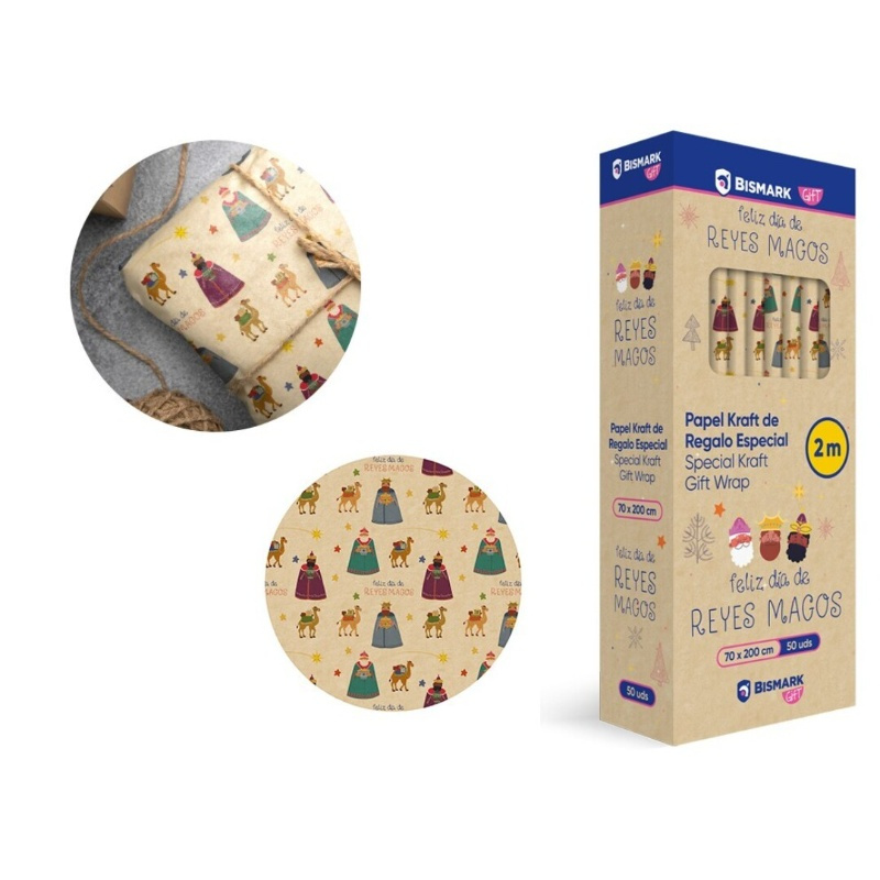 Papel regalo kraft reyes magos 70x200