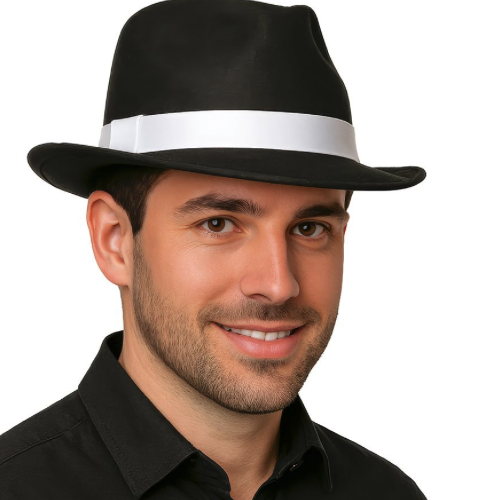 Sombrero Gánster negro cinta blanca AD.