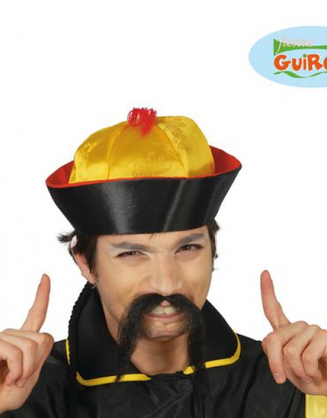 Sombrero Chino Negro Tela Con Coleta