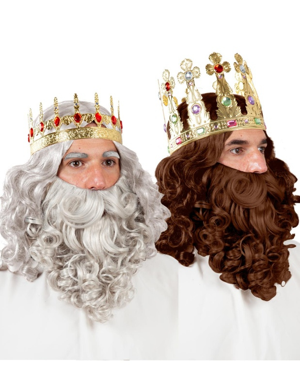 Set peluca + barba rey lujo gris/castaña